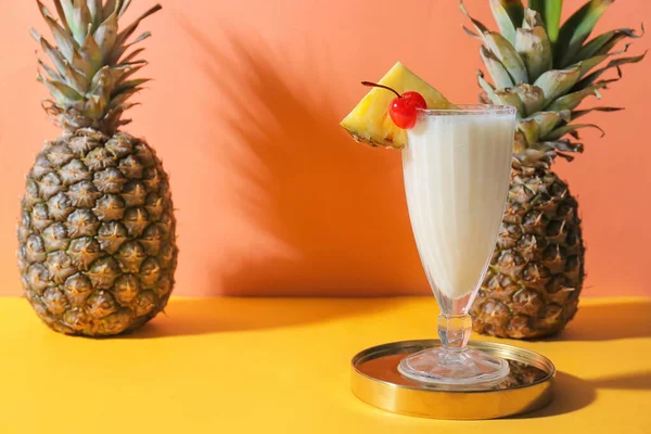 Glass Tasty Pina Colada Cocktail Color Background — Stock Photo, Image