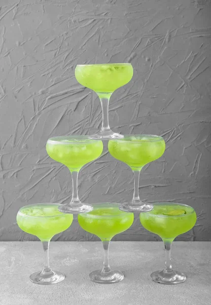 Tower Made Glasses Tasty Daiquiri Cocktail Light Background — Stock Photo, Image