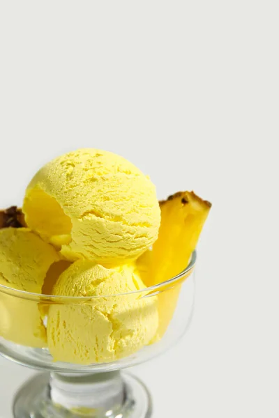 Glass Bowl Tasty Pineapple Ice Cream Light Background Closeup — 图库照片