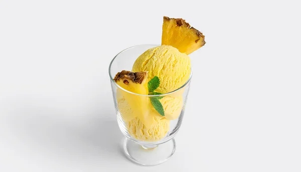 Glass Bowl Tasty Pineapple Ice Cream White Background — Stock Photo, Image