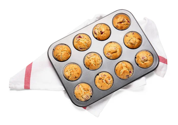 Teglia Forno Con Gustosi Muffin Lampone Sfondo Bianco — Foto Stock