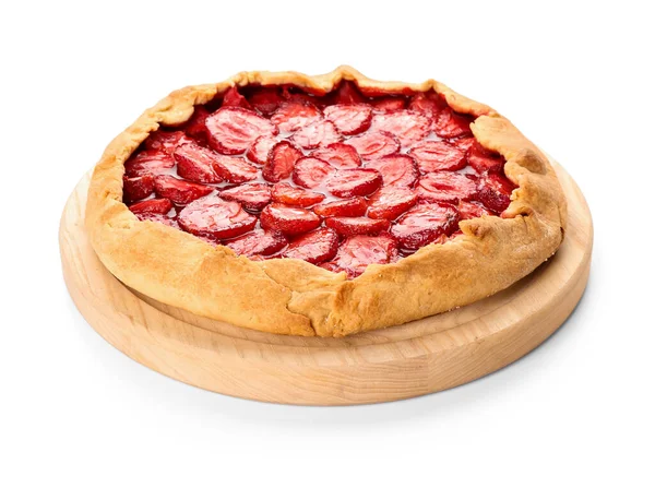 Wooden Board Tasty Strawberry Pie White Background — Stock Photo, Image