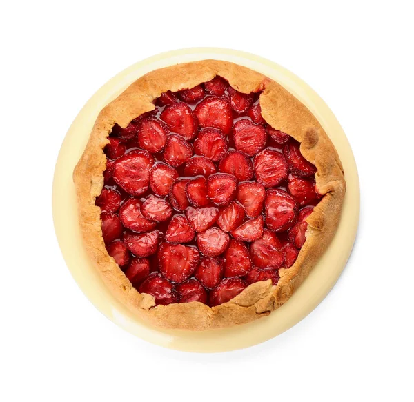 Assiette Avec Tarte Aux Fraises Savoureuse Sur Fond Blanc — Photo