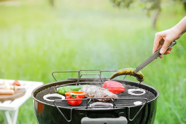 Mujer Cocinando Sabrosa Carne Verduras Parrilla Barbacoa Aire Libre — Foto de Stock