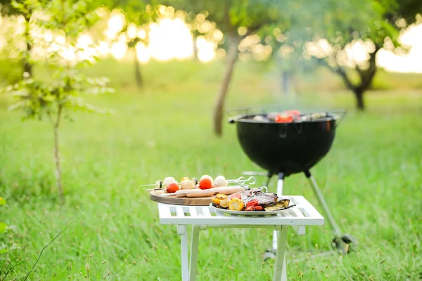 Mesa Com Saborosa Comida Grelhada Livre — Fotografia de Stock