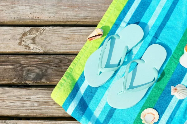 Stylish Flip Flops Towel Wooden Pier Closeup — Stock Photo, Image