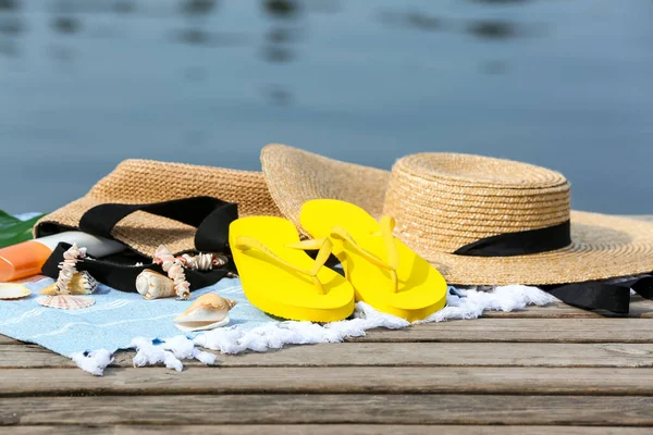 Stylish Flip Flops Beach Accessories Wooden Pier — Stock Photo, Image