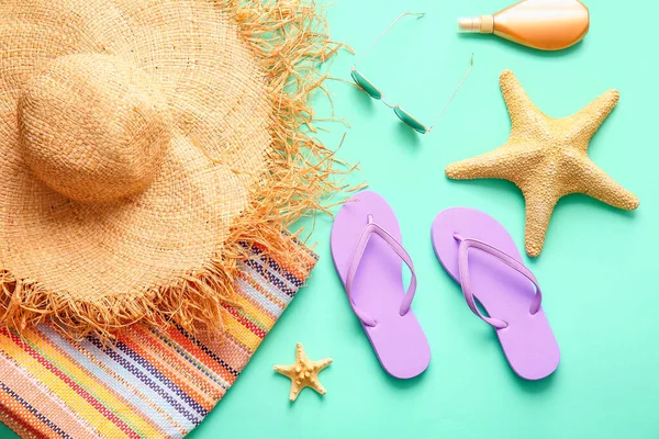 Set Beach Accessories Starfishes Color Background — Stock Photo, Image
