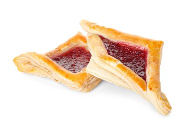 Beyaz arka planda meyve reçelli Lezzetli Danimarka pastası