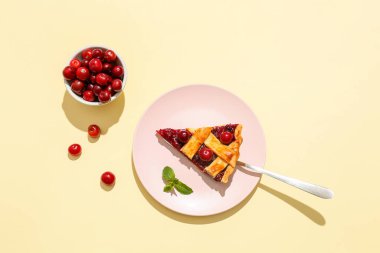 Renkli arkaplanda bir parça vişneli turta ile tabak