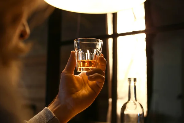 Senior Man Glass Drink Late Evening Home Closeup — Stock Photo, Image