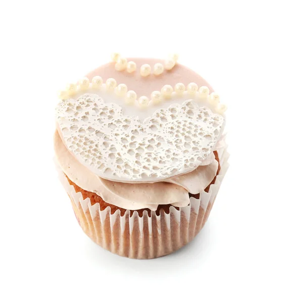 Cupcake Casamento Saboroso Fundo Branco — Fotografia de Stock