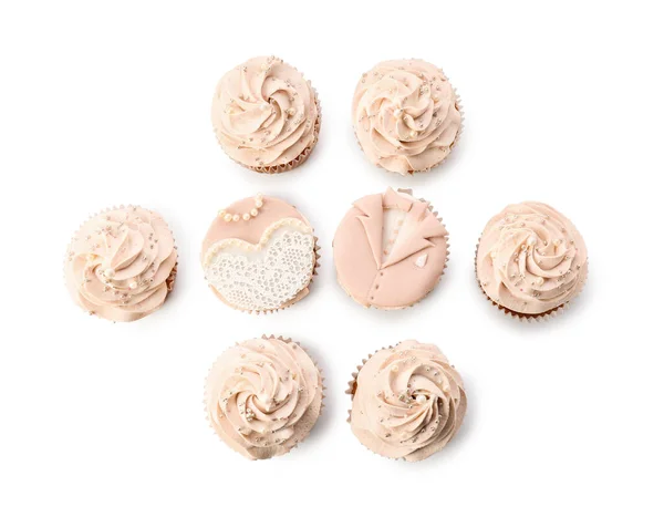 Chutné Svatební Cupcakes Bílém Pozadí — Stock fotografie