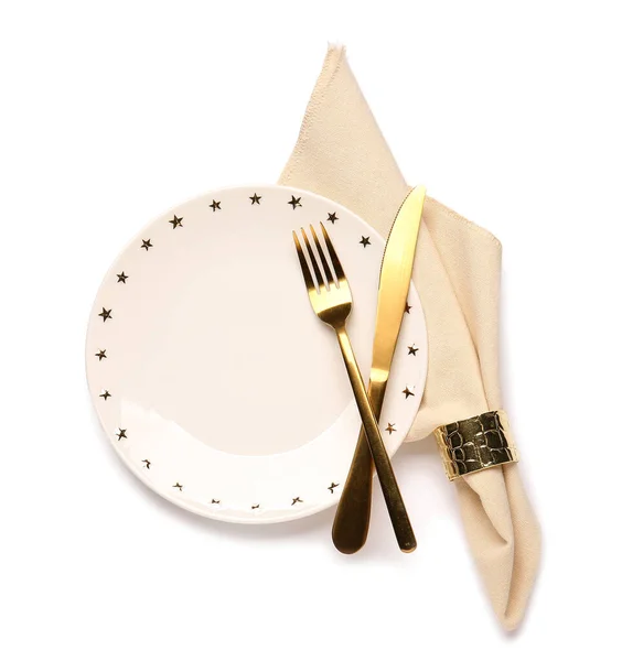 Clean Napkin Plate Cutlery White Background — 图库照片