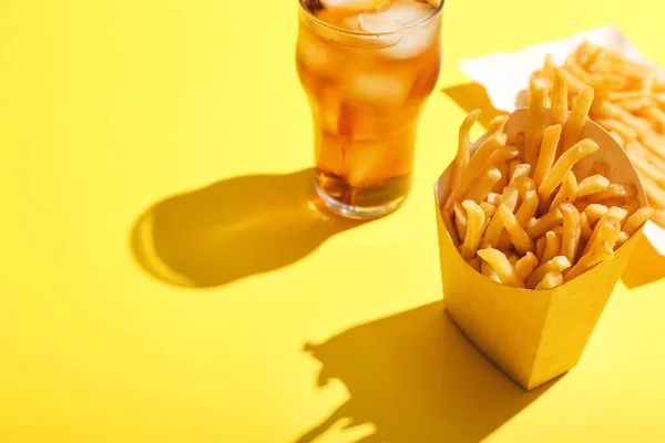 Paper Box Tasty French Fries Glass Beverage Color Background — 图库照片