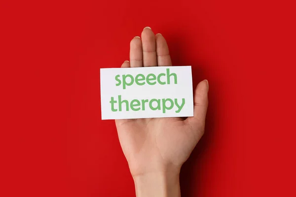 Female Hand Paper Text Speech Therapy Color Background — Stock Photo, Image