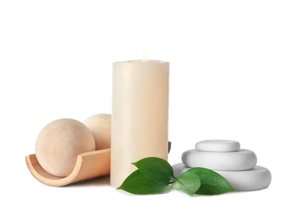 Composition Burning Candle Massage Balls Spa Stones White Background — 스톡 사진