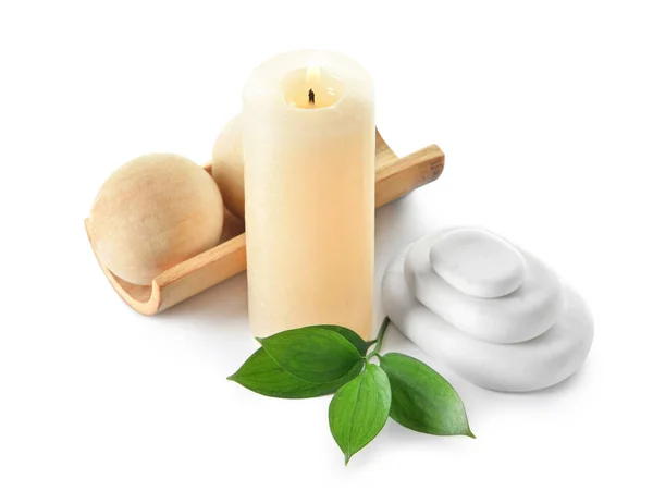 Composition Burning Candle Massage Balls Spa Stones White Background — 스톡 사진