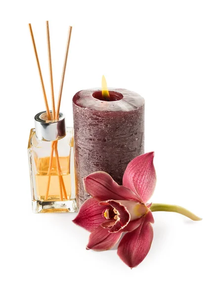 Composition Burning Candle Reed Diffuser Orchid Flower White Background — Stock Photo, Image