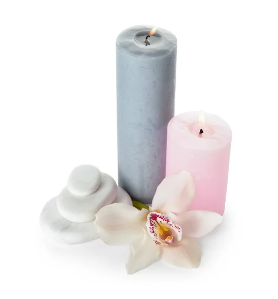 Composition Burning Candles Spa Stones Orchid Flower White Background — Stock Fotó