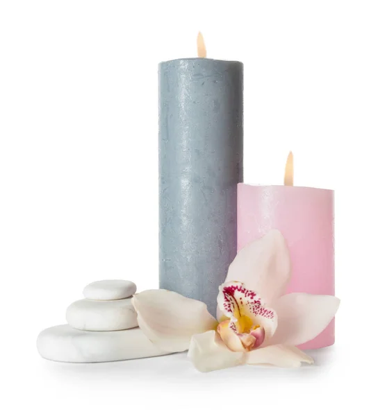 Composition Burning Candles Spa Stones Orchid Flower White Background — Stockfoto
