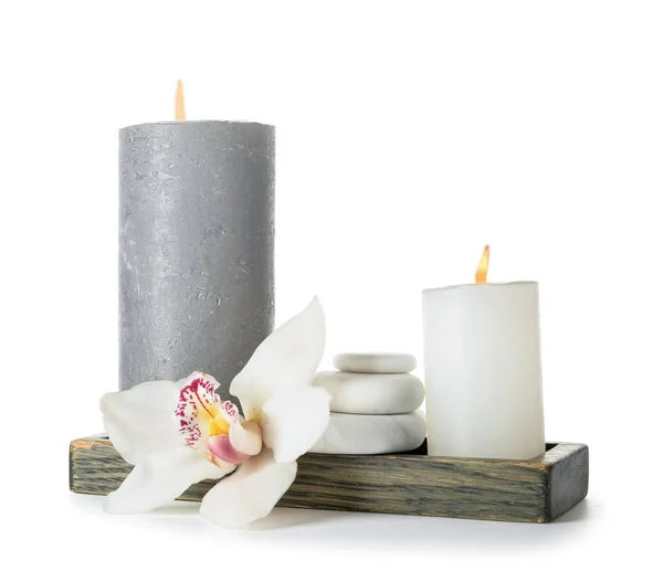 Wooden Tray Burning Candles Spa Stones Orchid Flower White Background — Stock Fotó