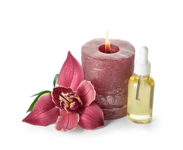 Composition Burning Candle Bottle Essential Oil Orchid Flower White Background — Photo