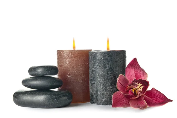 Composition Burning Candles Spa Stones Orchid Flower White Background — Stock Photo, Image