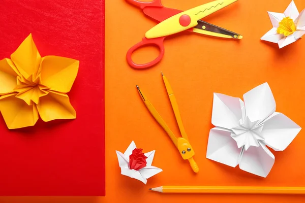 Origami Daffodils Stationery Color Background — Stock Photo, Image