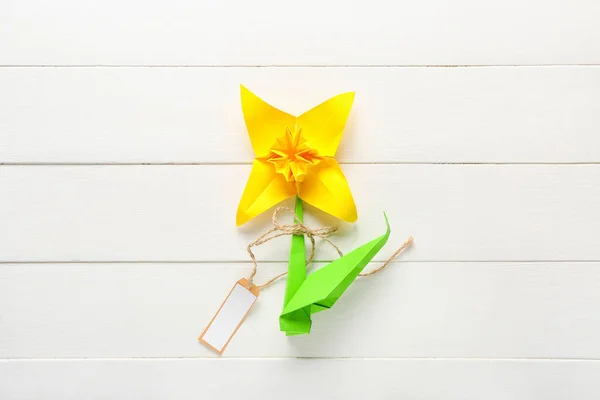 Origami Narcissus White Wooden Background — Stock Photo, Image