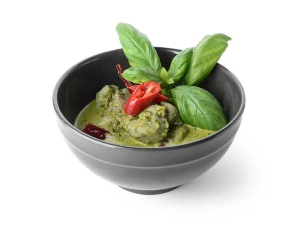Schaal Van Smakelijke Groene Kip Curry Witte Achtergrond — Stockfoto