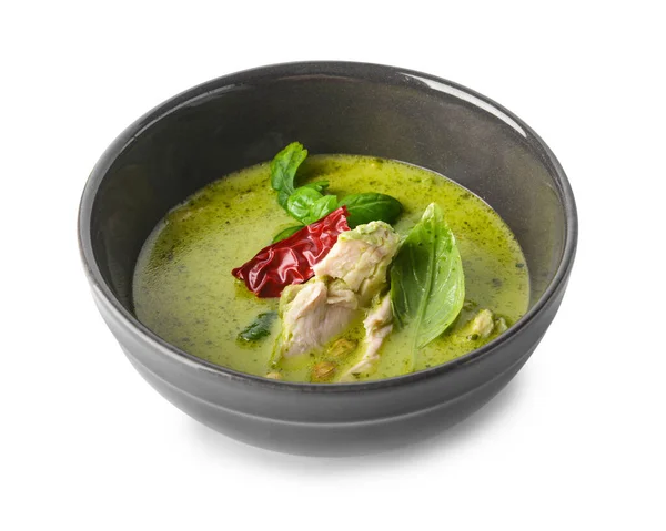 Schaal Van Smakelijke Groene Kip Curry Witte Achtergrond — Stockfoto