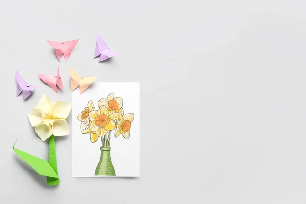 Wenskaart Origami Narcissen Bloem Vlinders Lichte Achtergrond — Stockfoto