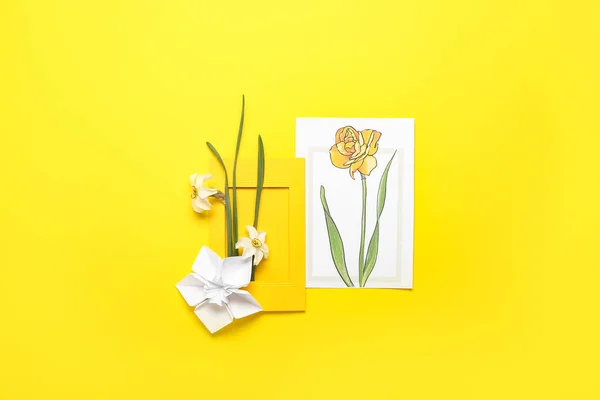 Narcissus Blommor Och Gratulationskort Färg Bakgrund — Stockfoto