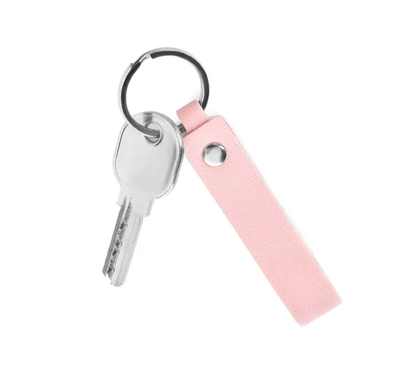 Klíč Koženým Klíčem Bílém Pozadí — Stock fotografie