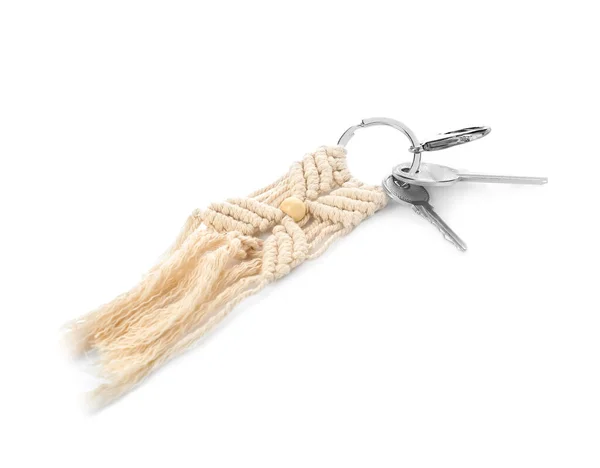Keys Handmade Cotton Keychain White Background — Stock Photo, Image