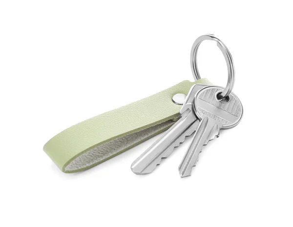 Klíče Koženým Klíčem Bílém Pozadí — Stock fotografie