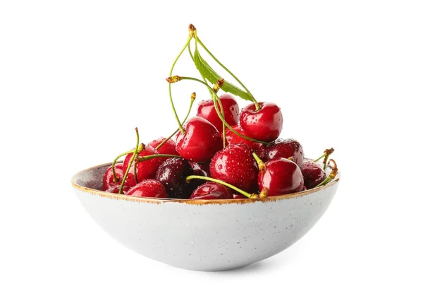 Bowl Sweet Cherry White Background — Stock Photo, Image