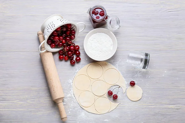 Composition Fresh Dough Cherry Dumplings Color Wooden Background — Stock Photo, Image