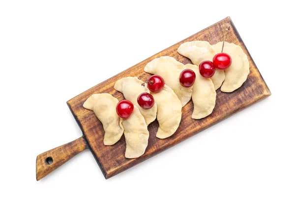 Wooden Board Raw Cherry Dumplings White Background — Stock Photo, Image