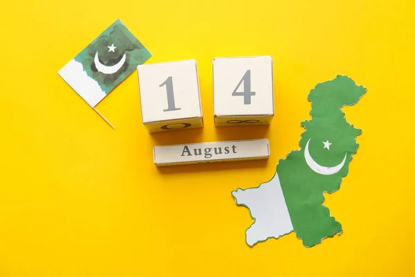 Vlajka Mapa Pákistánu Kalendář Datem Den Nezávislosti Barevném Pozadí — Stock fotografie