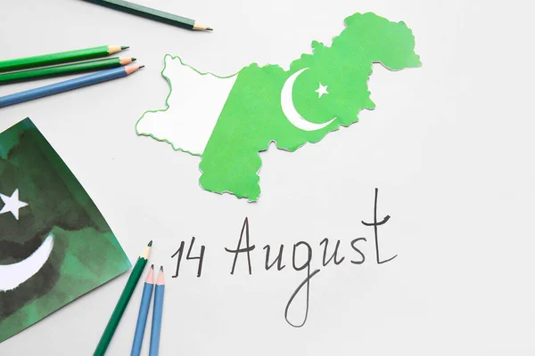 Mapa Flaga Pakistanu Ołówkami Datą Dnia Niepodległości Jasnym Tle — Zdjęcie stockowe