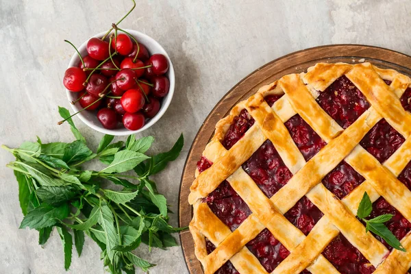 Board Tasty Cherry Pie Light Background — Stock Photo, Image