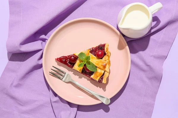 Composition Tasty Cherry Pie Jug Milk Color Background — Stock Photo, Image