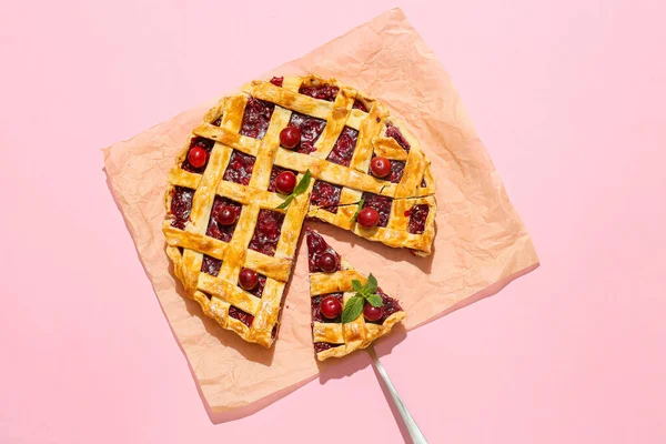Parchment Tasty Cherry Pie Color Background — Stock Photo, Image