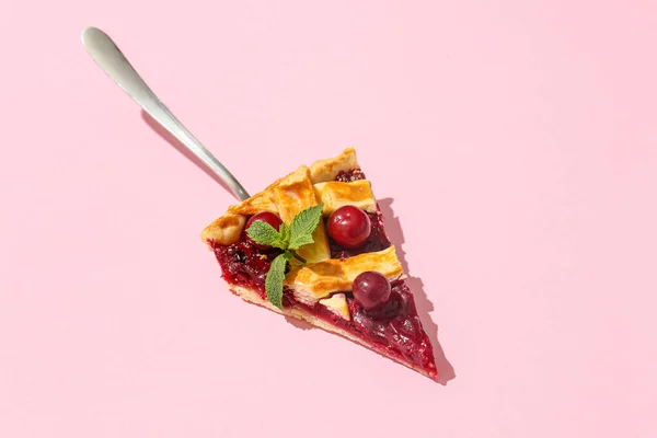 Spatula Piece Tasty Cherry Pie Color Background Closeup — Stock Photo, Image