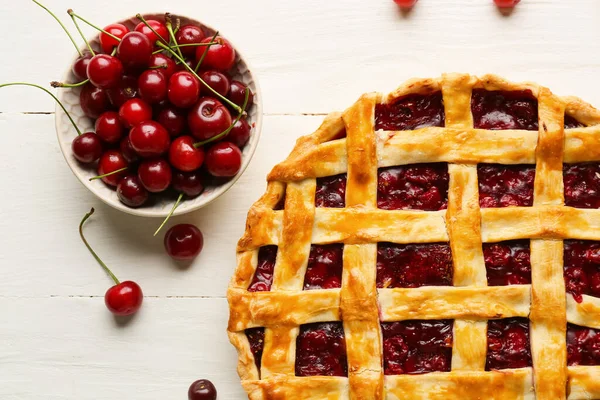 Tasty Cherry Pie Light Wooden Background — Stock Photo, Image