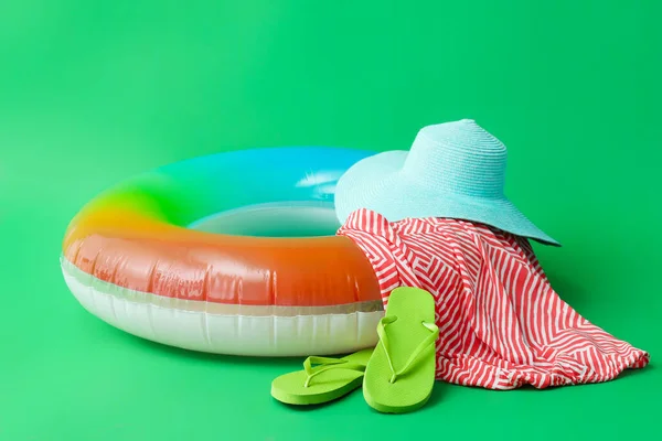 Inflatable Ring Dress Hat Flip Flops Color Background — Stock Photo, Image