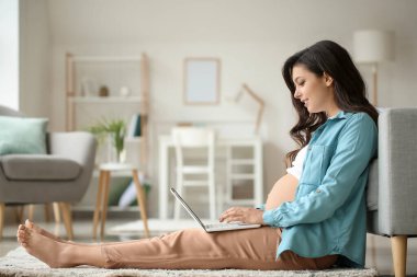 Genç hamile kadın dizüstü evde kullanma