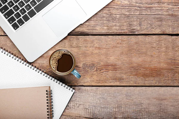 Cup Coffee Notebooks Laptop Wooden Background — Stock Photo, Image